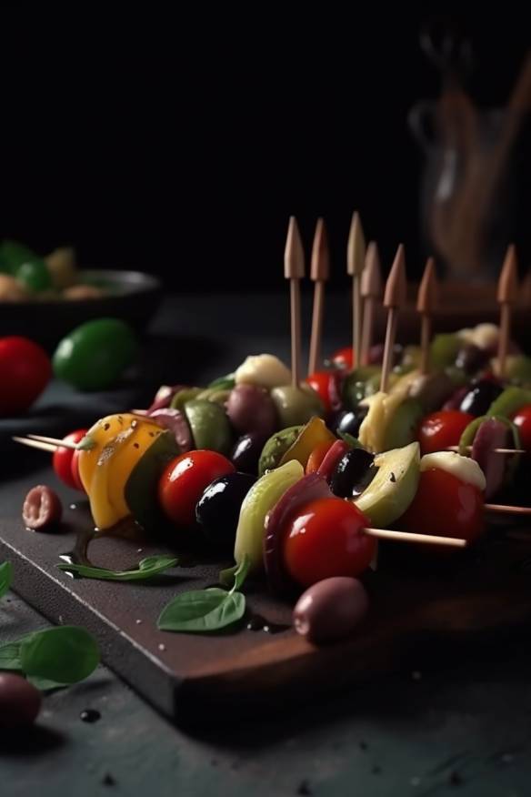 Antipasti-Spieße mit Paprika, Tomaten, Oliven, Zucchini und Artischockenherzen