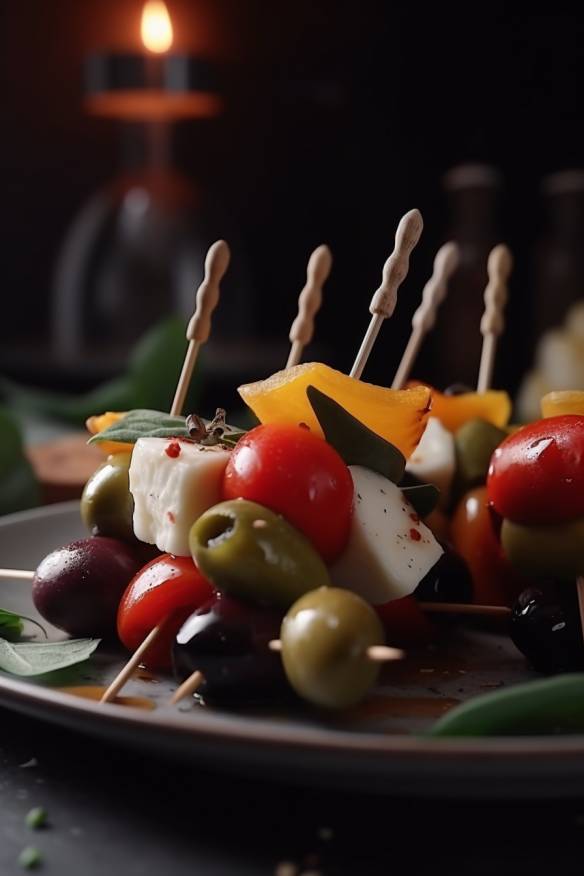 Antipasti-Spieße mit Zucchini, Paprika, Tomaten, Oliven und Mozzarella