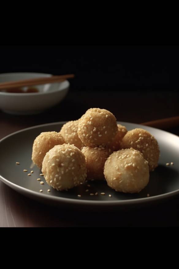 Asiatische Hähnchen-Sesam-Bällchen auf einem Teller angerichtet.