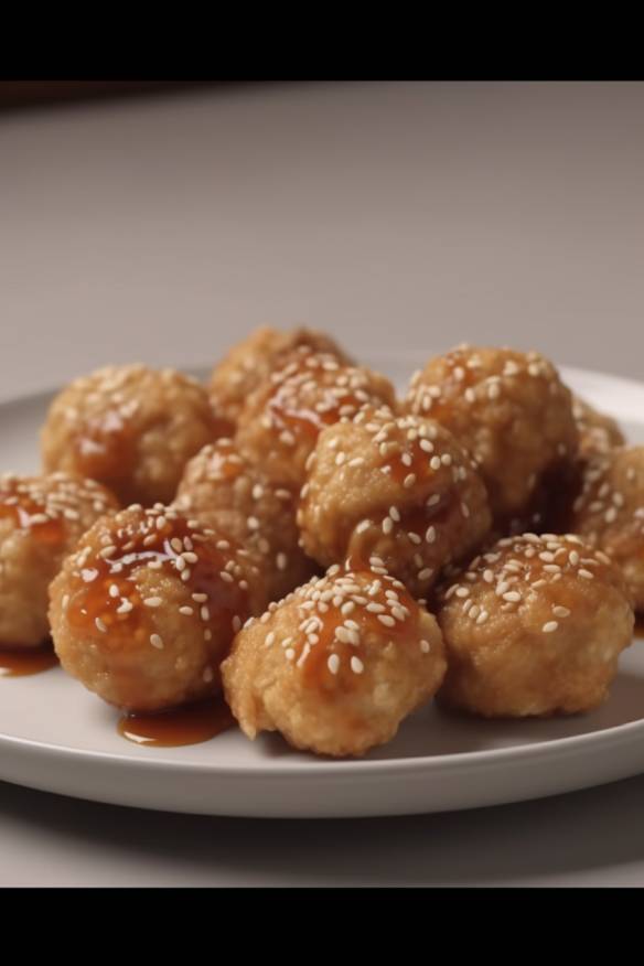 Asiatische Hähnchen-Sesam-Bällchen auf einem Teller angerichtet.