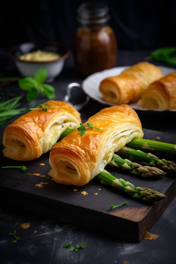 Spargel-Fingerfood mit Blätterteig und Ziegenkäse.