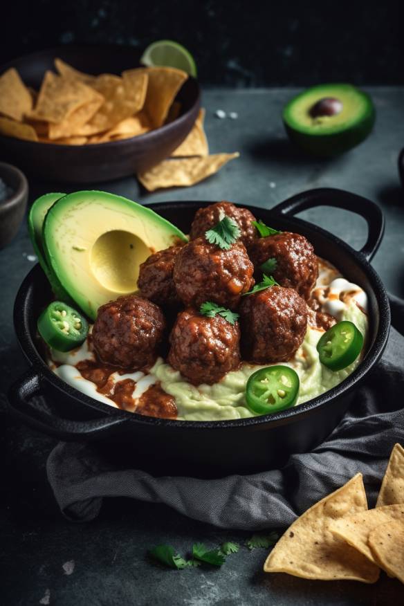 Avocado-Hackfleischbällchen mit Sauerrahm und Tortilla Chips