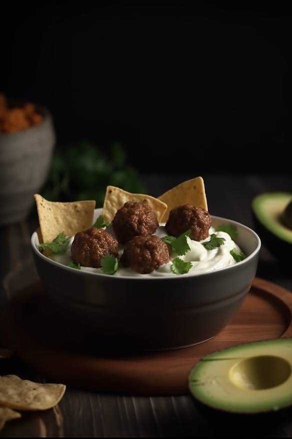 Avocado-Hackfleischbällchen mit Sauerrahm und Tortilla Chips