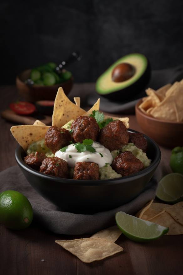 Avocado-Hackfleischbällchen mit Sauerrahm und Tortilla Chips