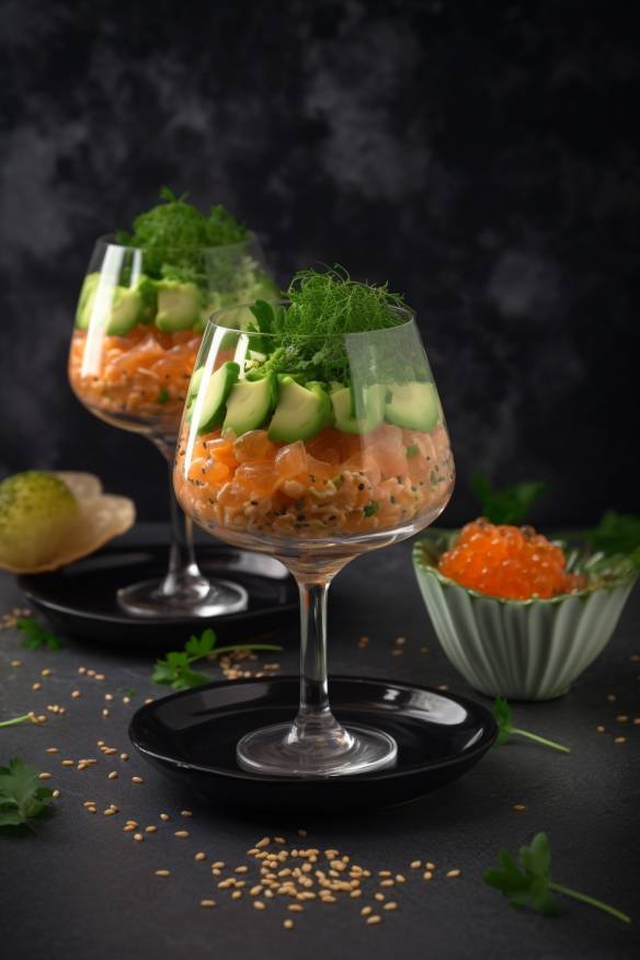 Avocado-Lachs-Tatar mit Sesam in Gläsern serviert.