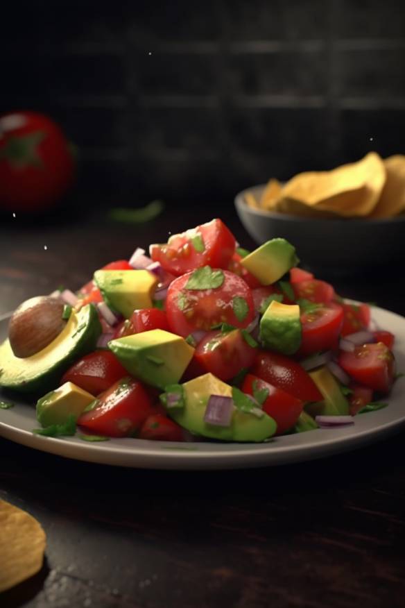 Avocado-Tomaten-Salsa auf einem Teller angerichtet.