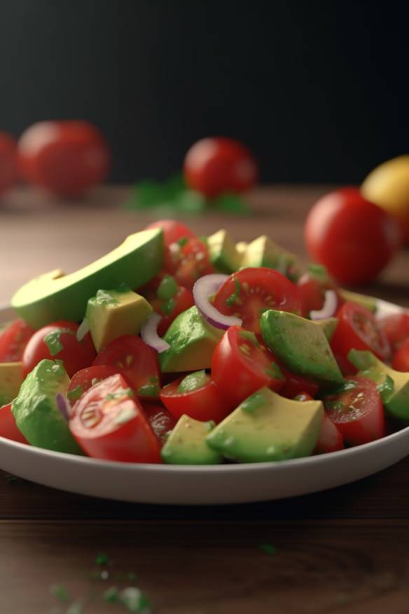 Avocado-Tomaten-Salsa auf einem Teller angerichtet.