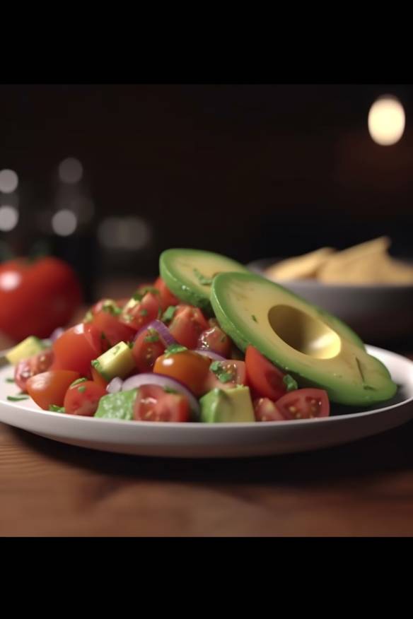 Avocado-Tomaten-Salsa auf einem Teller angerichtet.