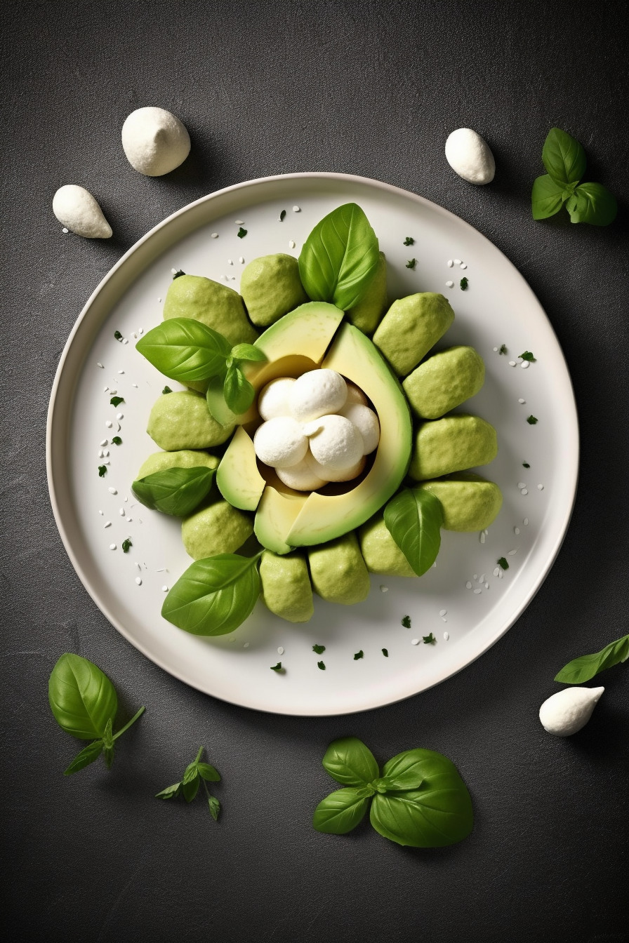 Avocado-Feta-Fingerfood auf einem Teller angerichtet.