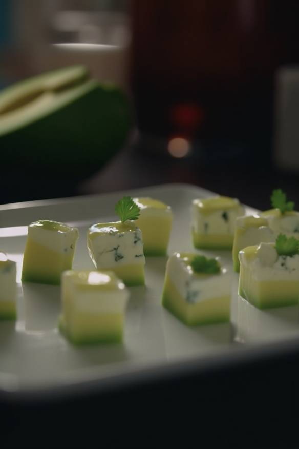 Avocado-Feta-Fingerfood auf einem Teller angerichtet.