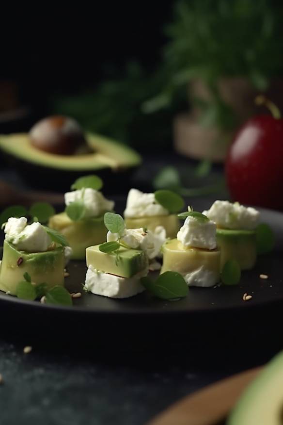 Avocado-Feta-Fingerfood auf einem Teller angerichtet.