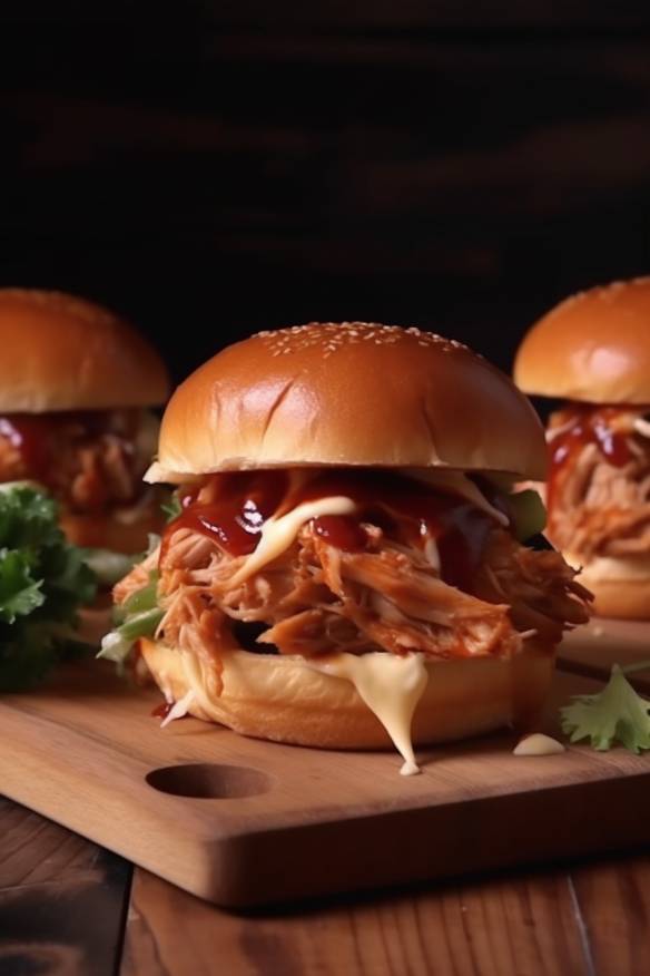 BBQ Chicken Sliders auf einem Holzbrett serviert.