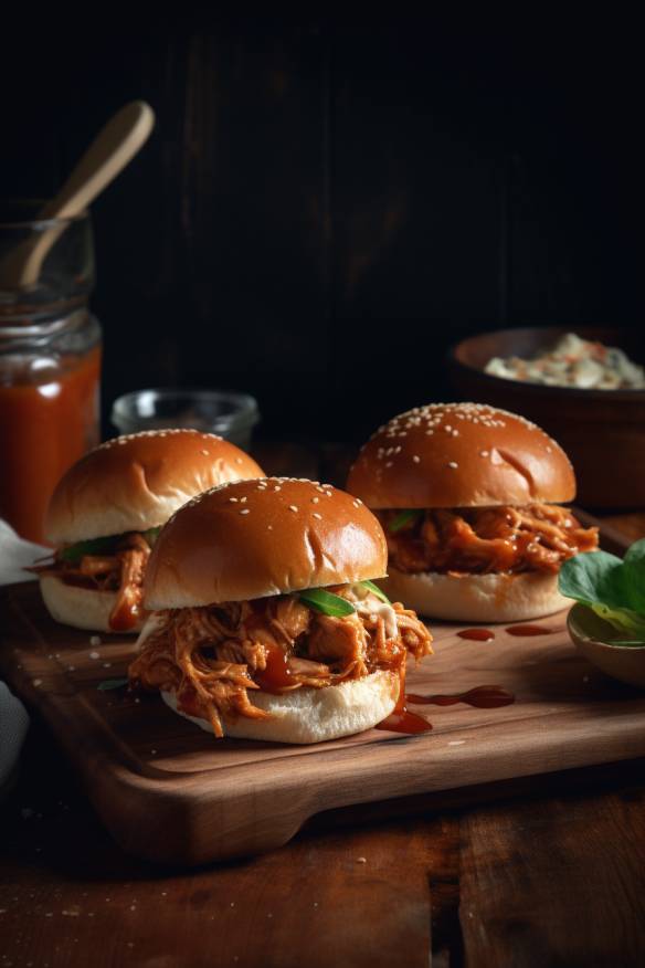 BBQ Chicken Sliders auf einem Holzbrett serviert.