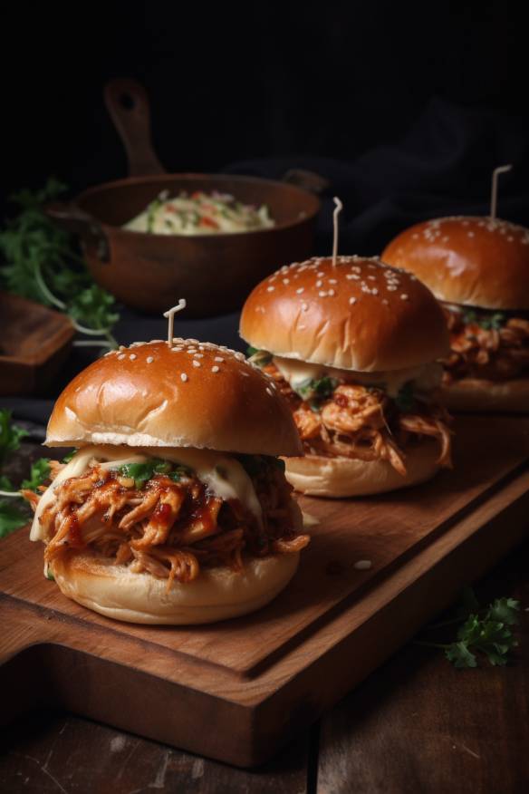 BBQ Chicken Sliders auf einem Holzbrett serviert.