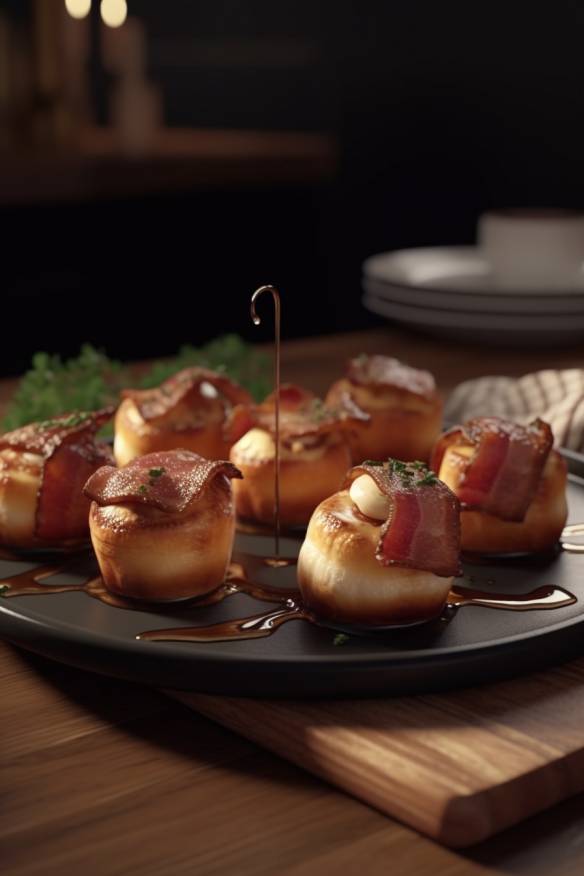 Bacon-Brie-Bites auf einem Servierteller angerichtet.