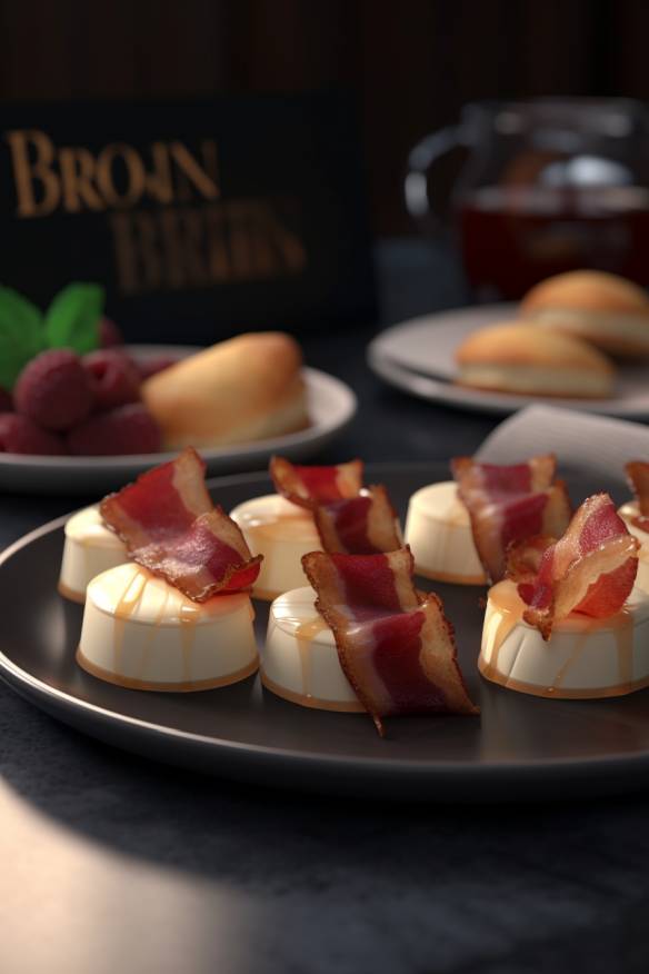 Bacon-Brie-Bites auf einem Servierteller angerichtet.