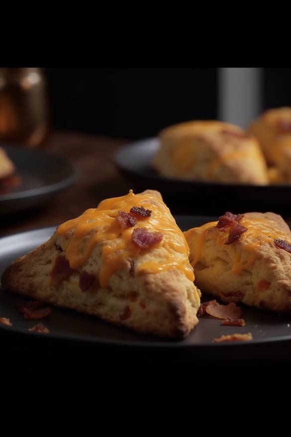 Bacon-Cheddar-Scones auf einem Servierteller angerichtet.