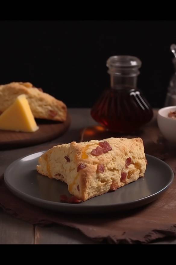 Bacon-Cheddar-Scones auf einem Servierteller angerichtet.