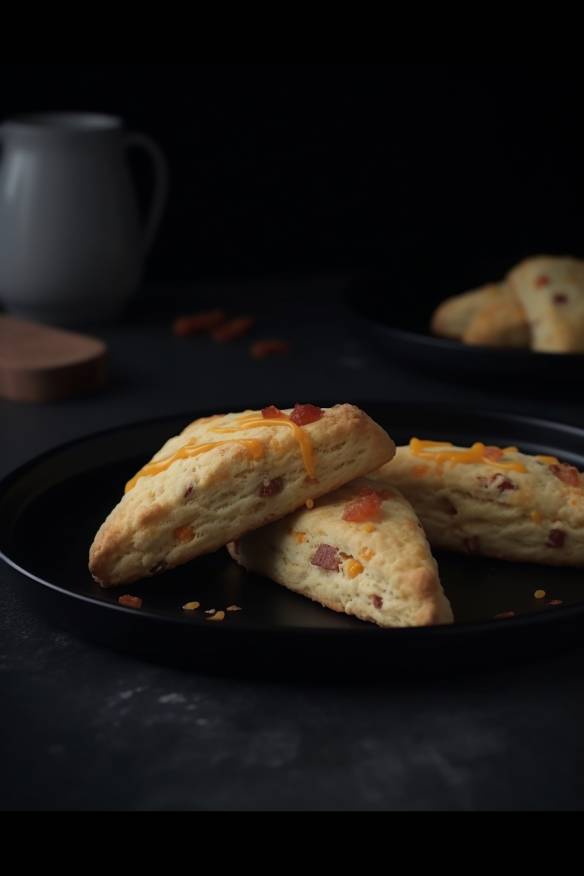 Bacon-Cheddar-Scones auf einem Servierteller angerichtet.