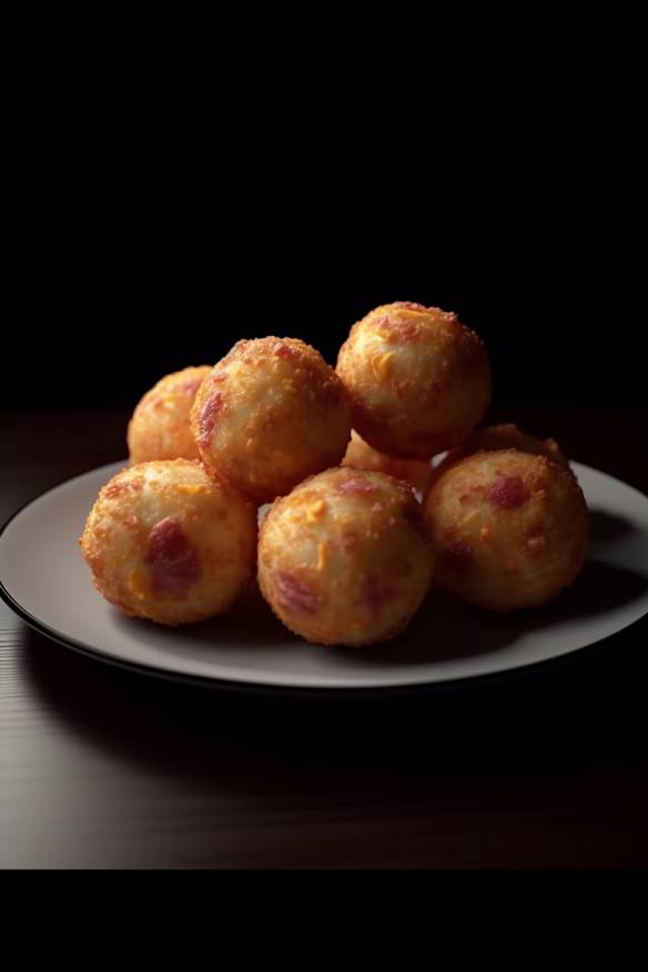 Bacon-Cheese-Balls auf einem Teller angerichtet.