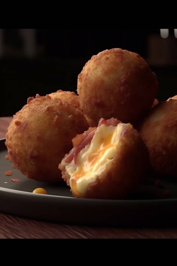 Bacon-Cheese-Balls auf einem Teller angerichtet.