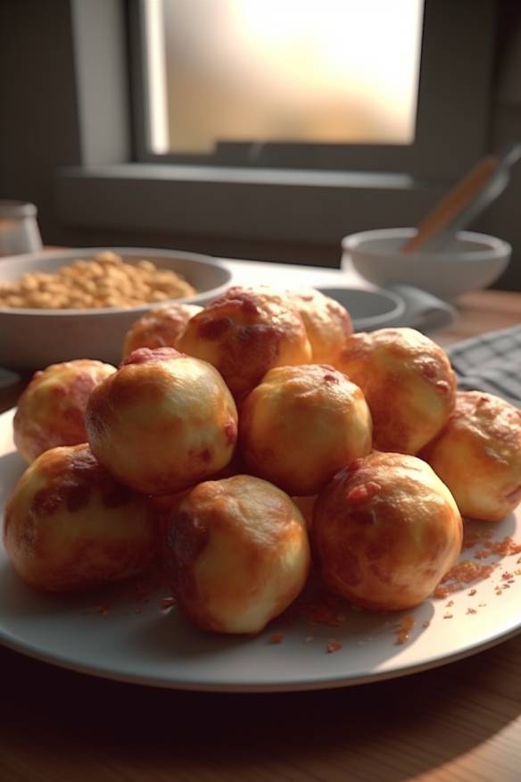 Bacon-Cheese-Balls auf einem Teller angerichtet.