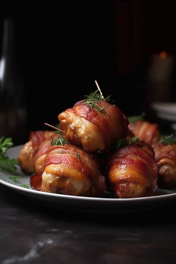 Bacon-Wrapped Chicken Bites auf einem Teller angerichtet