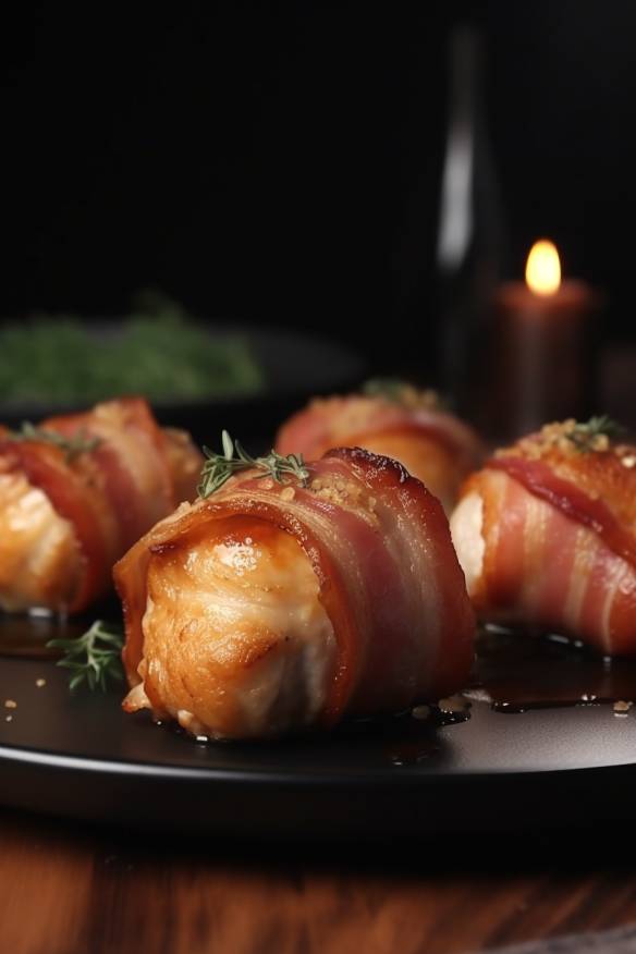 Bacon-Wrapped Chicken Bites auf einem Teller angerichtet