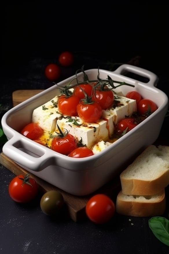 Gebackener Feta mit Tomaten und Oliven auf einem Holzbrett serviert.