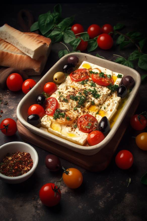 Gebackener Feta mit Tomaten und Oliven auf einem Holzbrett serviert.