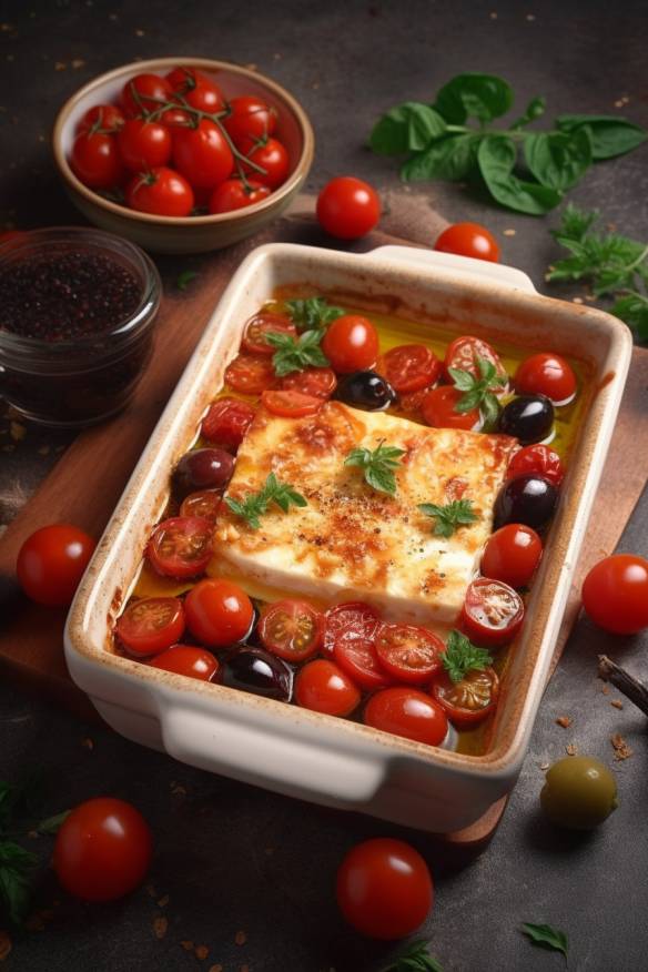 Gebackener Feta mit Tomaten und Oliven auf einem Holzbrett serviert.