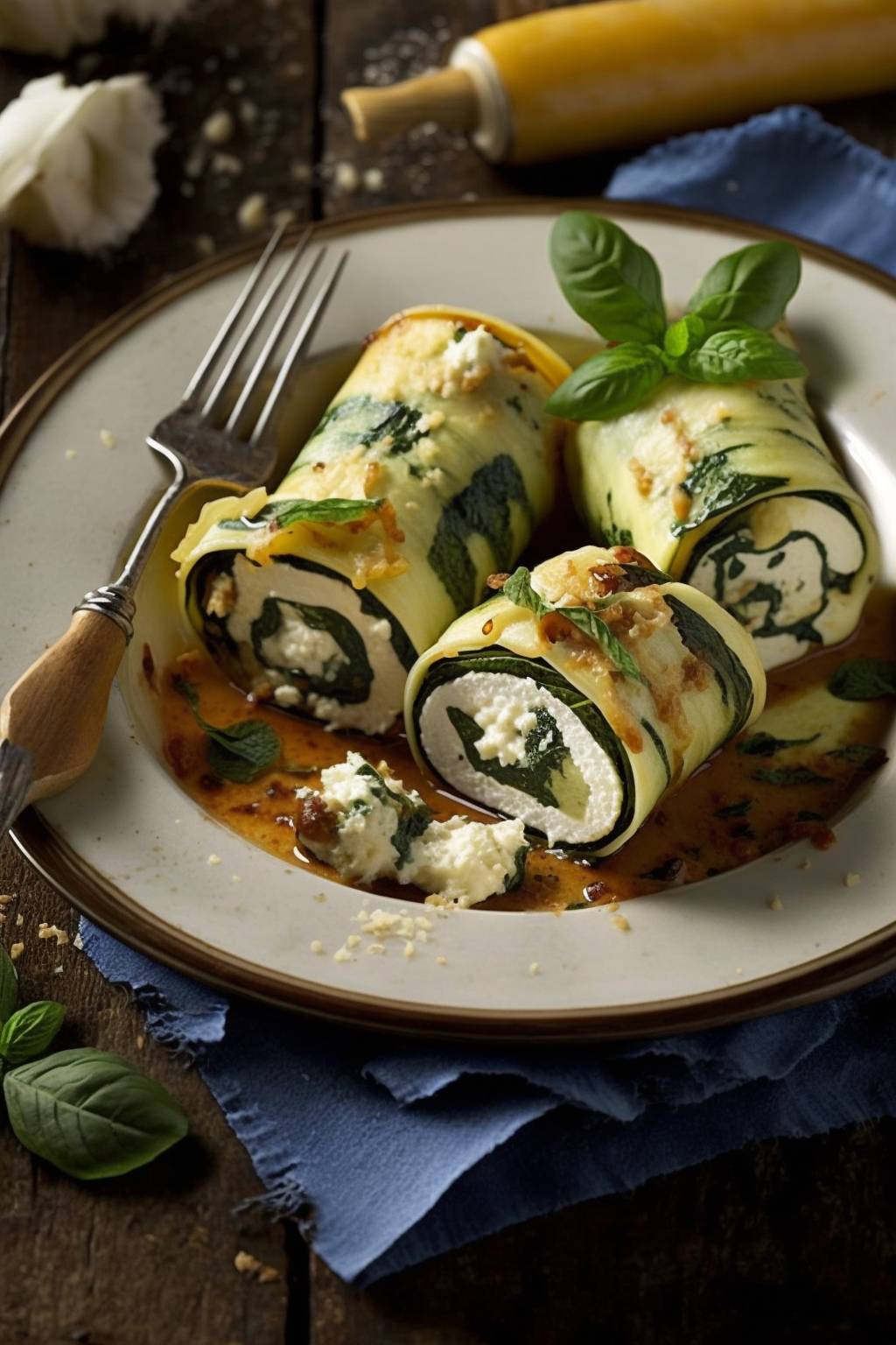 Gebackene Zucchini-Röllchen mit Feta-Füllung.