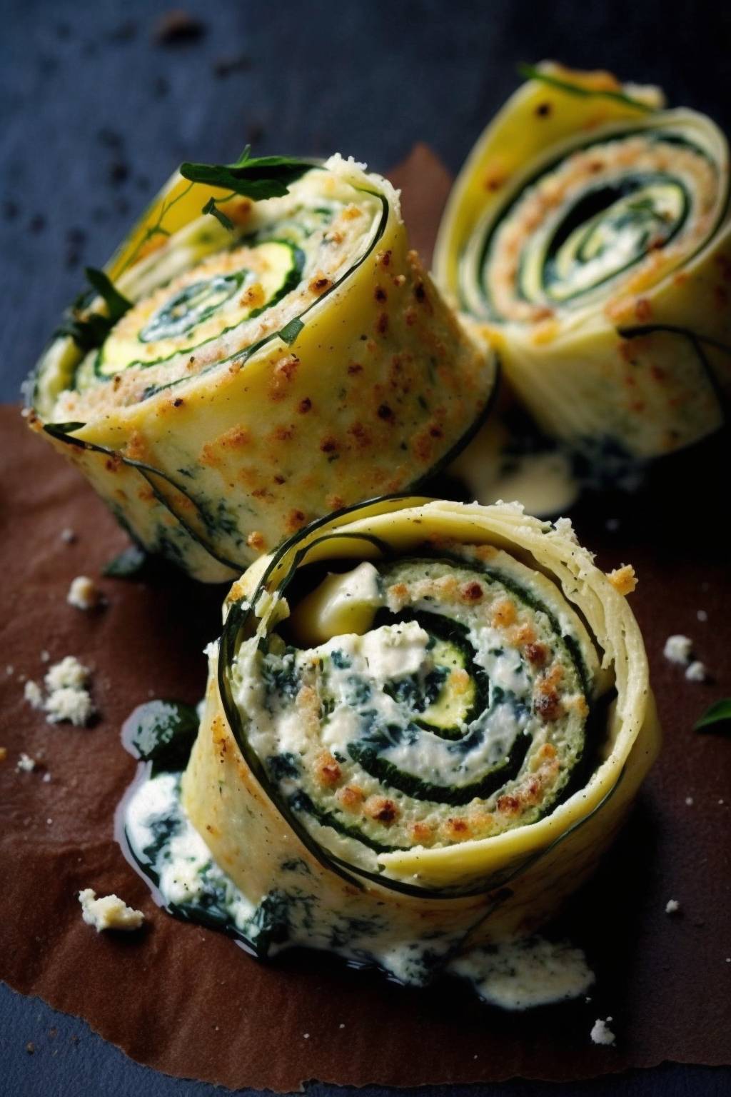 Gebackene Zucchini-Röllchen mit Feta-Füllung.