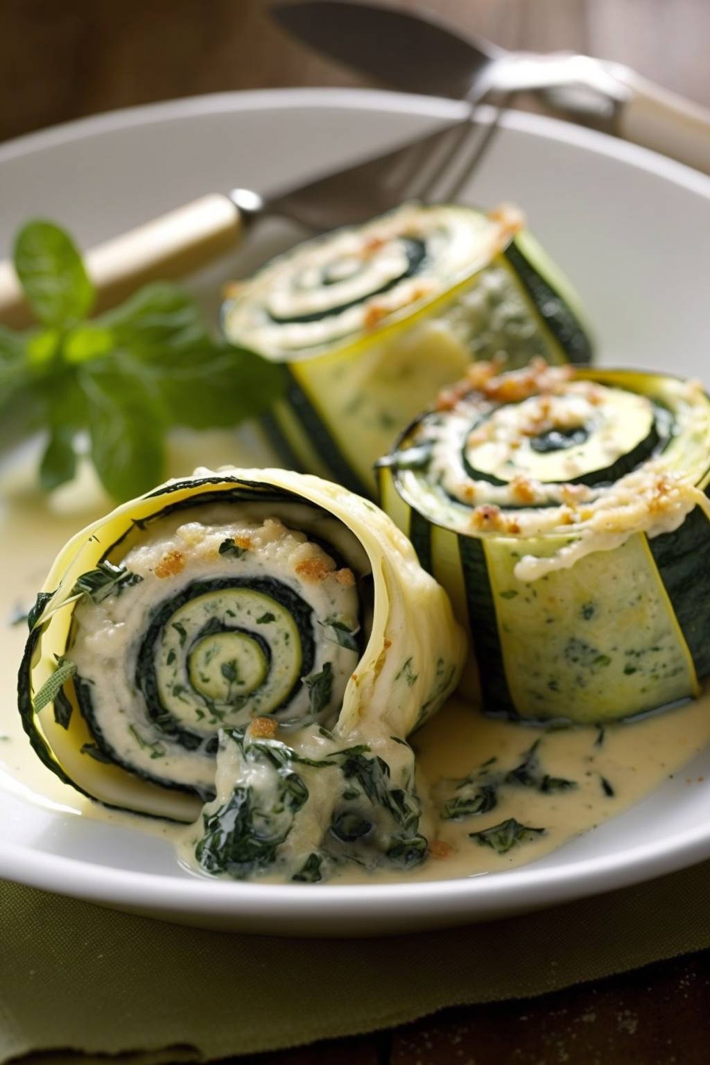 Gebackene Zucchini-Röllchen mit Feta-Füllung.