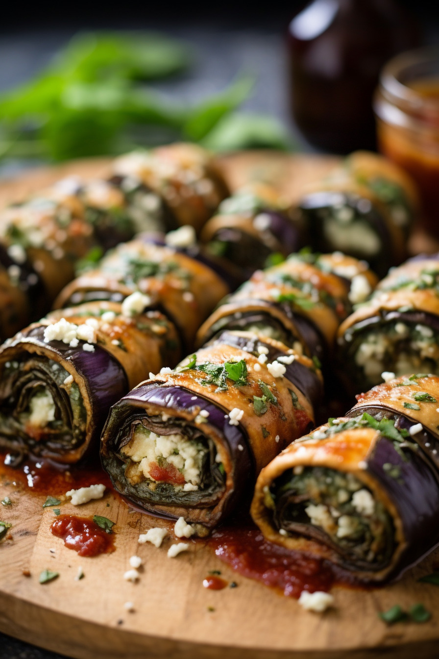 Gebackene Auberginenröllchen gefüllt mit Spinat und Feta