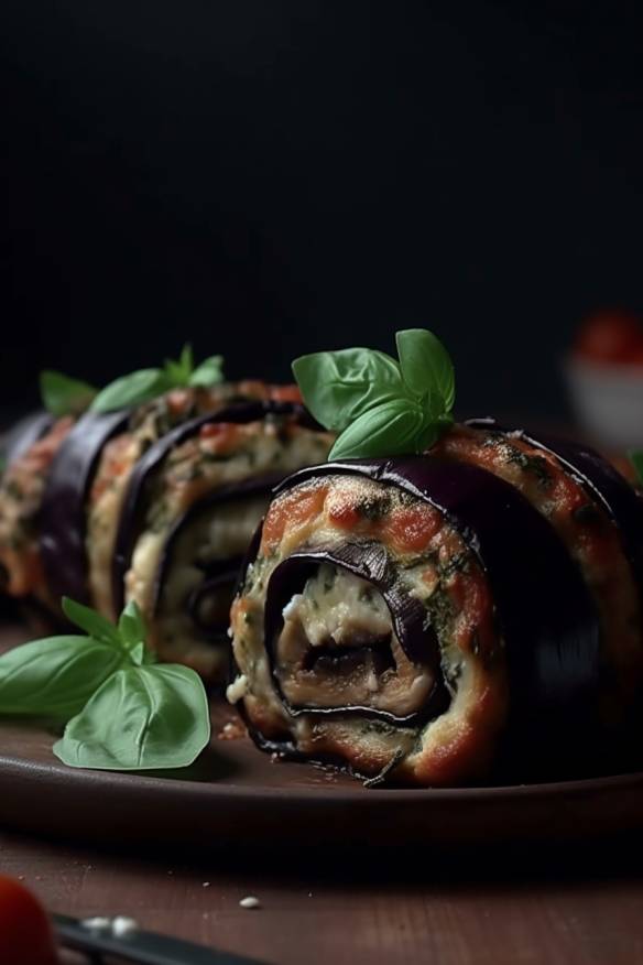 Gebackene Auberginenröllchen gefüllt mit Spinat und Feta