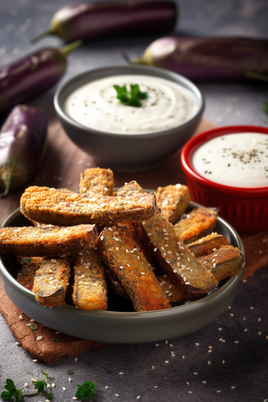 Gebackene Auberginenstäbchen mit Dip