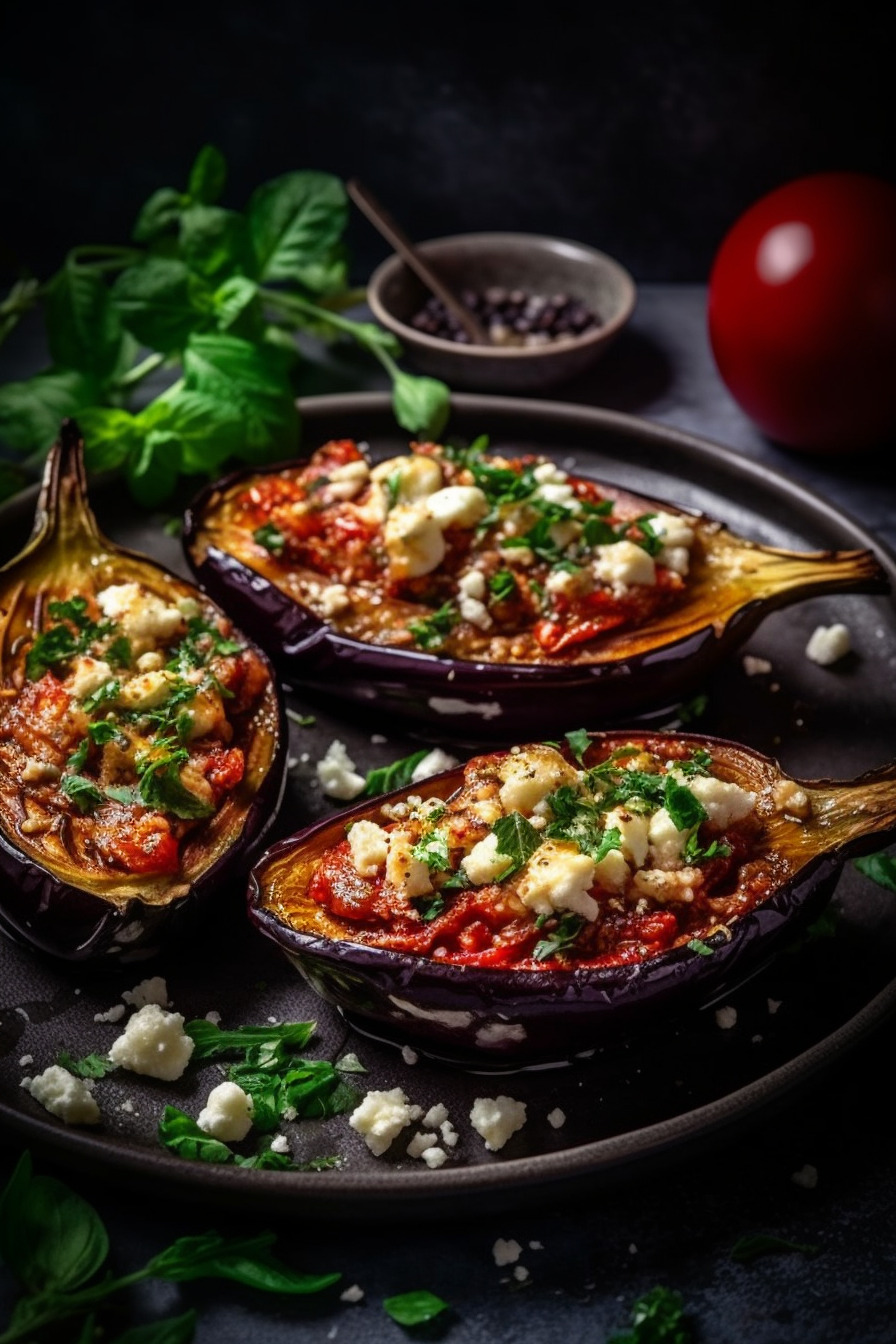 Gebackene Auberginen mit Tomaten und Feta