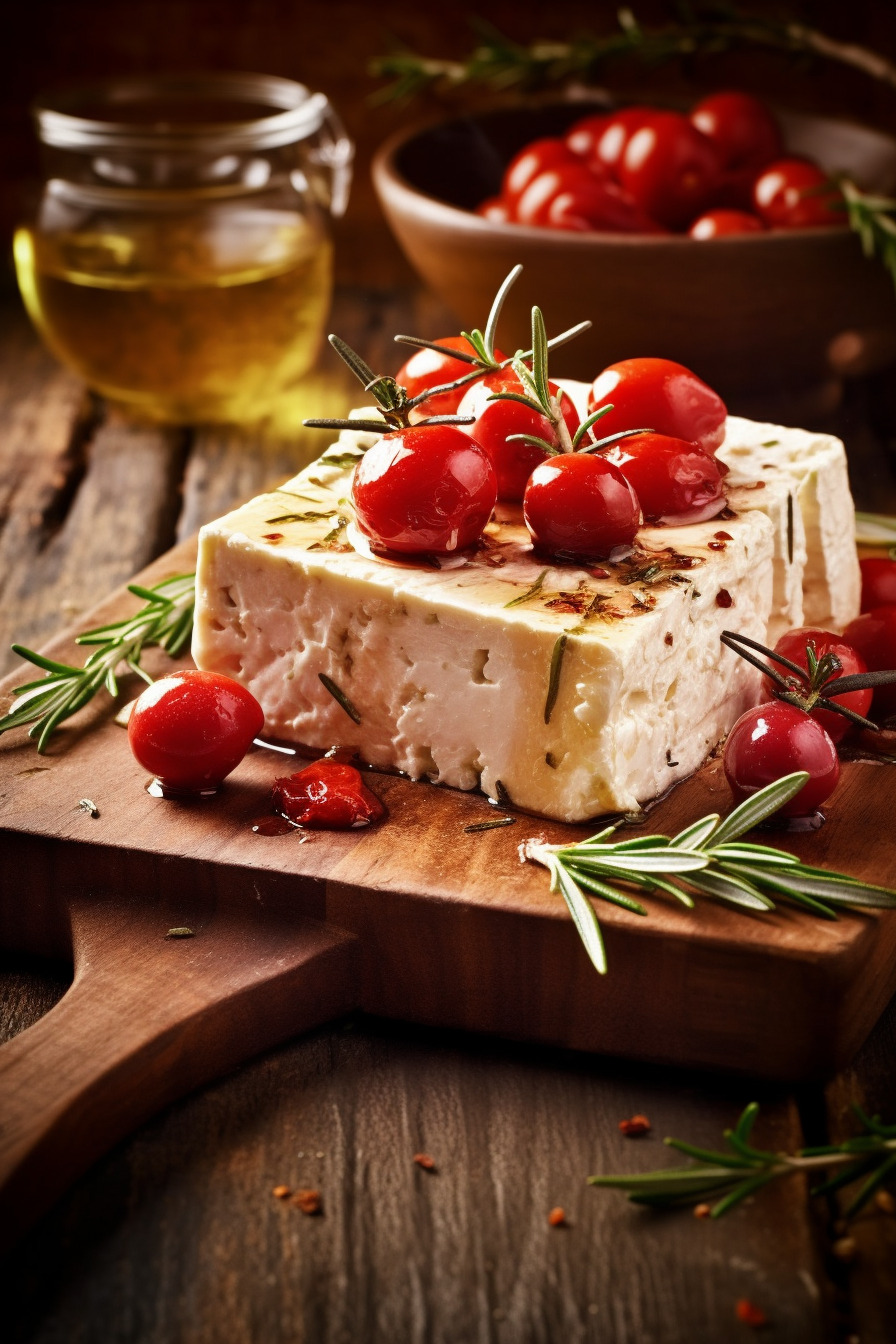 Gebackener Feta mit Tomaten und Oliven auf einem Holzbrett serviert.