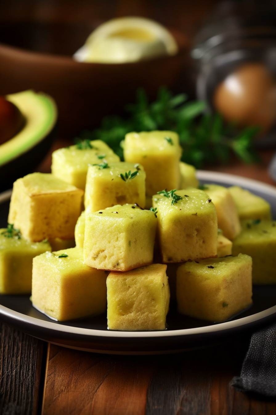 Gebackene Polenta-Würfel mit Avocado-Creme auf einem Teller angerichtet.