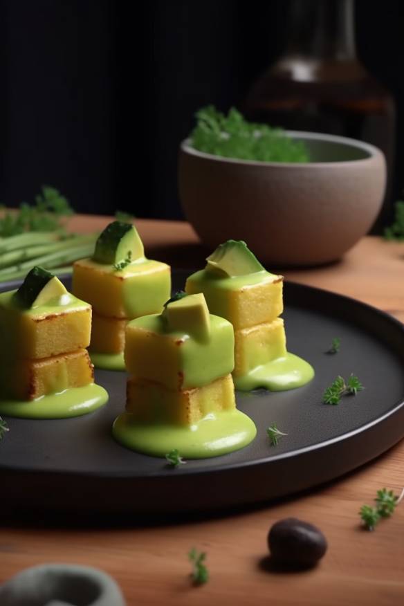 Gebackene Polenta-Würfel mit Avocado-Creme auf einem Teller angerichtet.