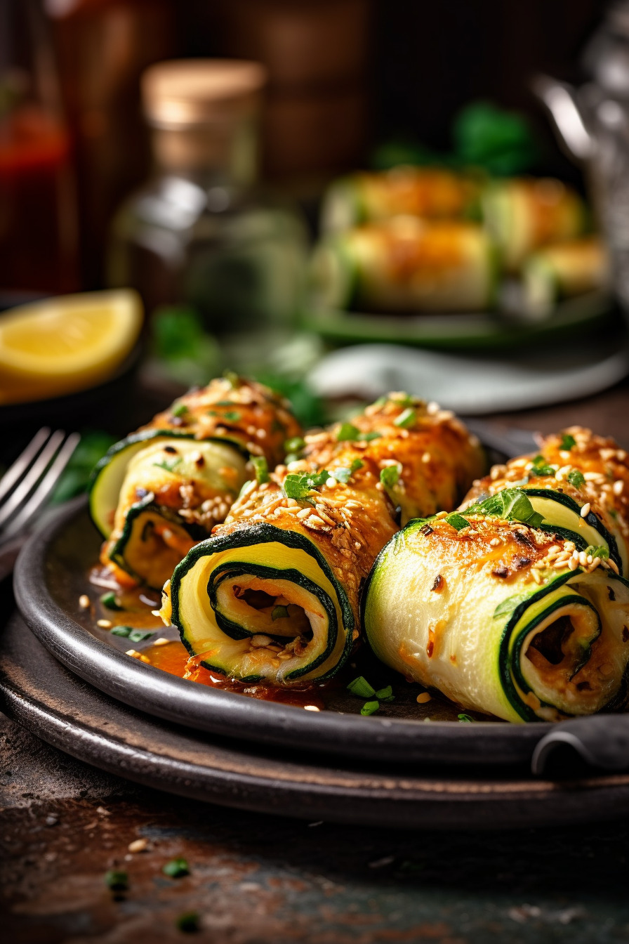 Gebackene Zucchini-Sticks auf einem Teller mit Dip.