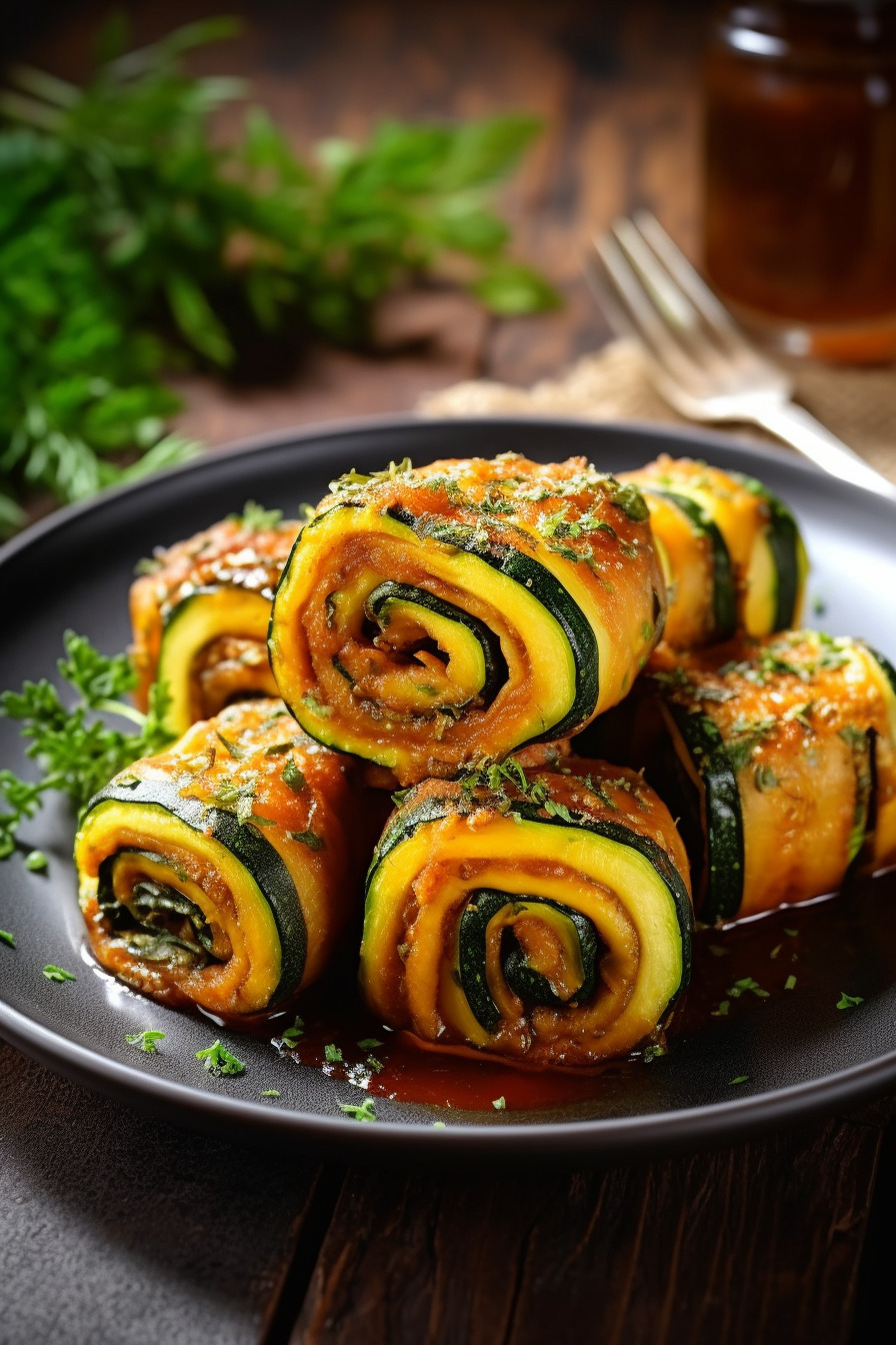 Gebackene Zucchini-Sticks auf einem Teller mit Dip.