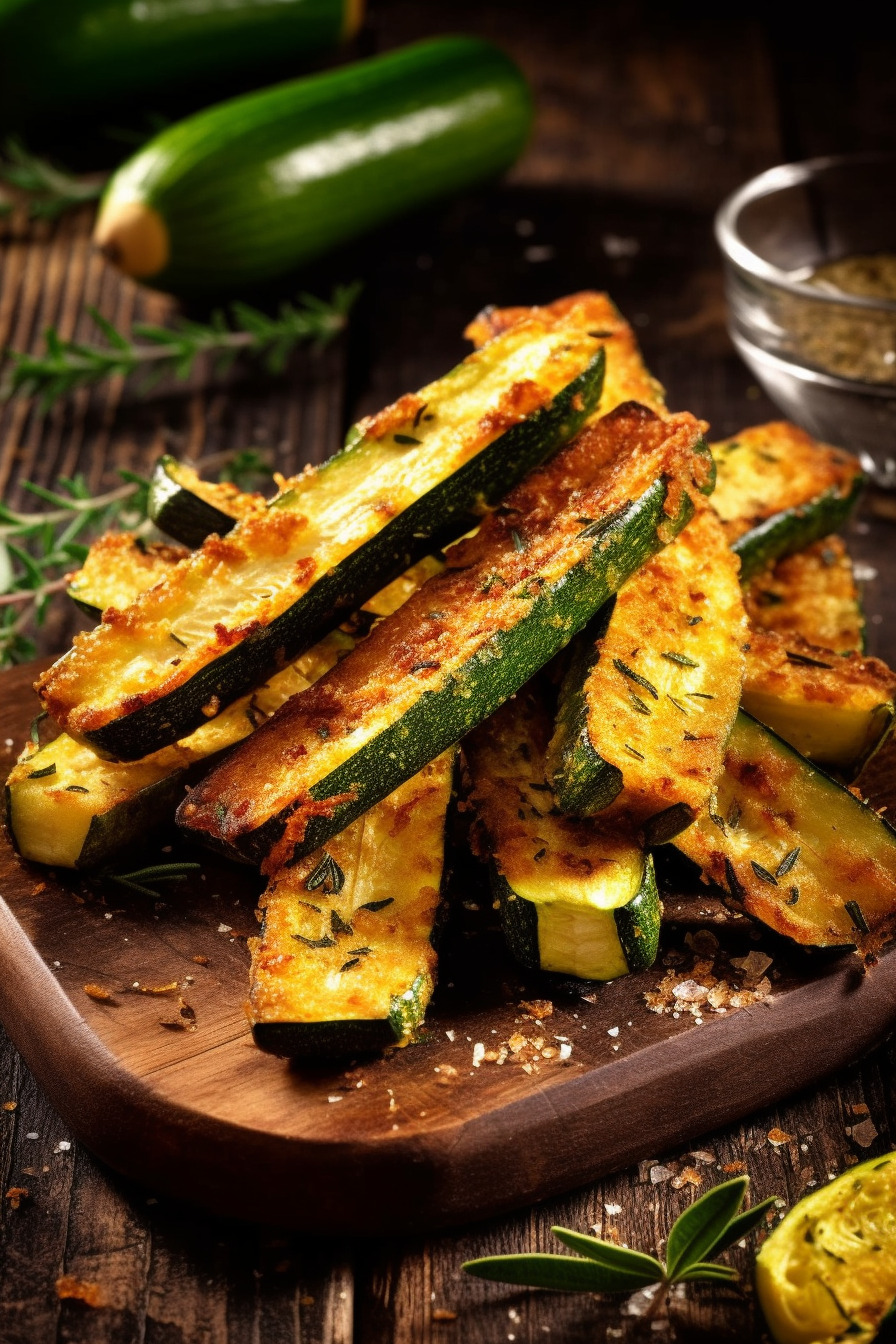 Gebackene Zucchini-Sticks auf einem Holzbrett angerichtet.