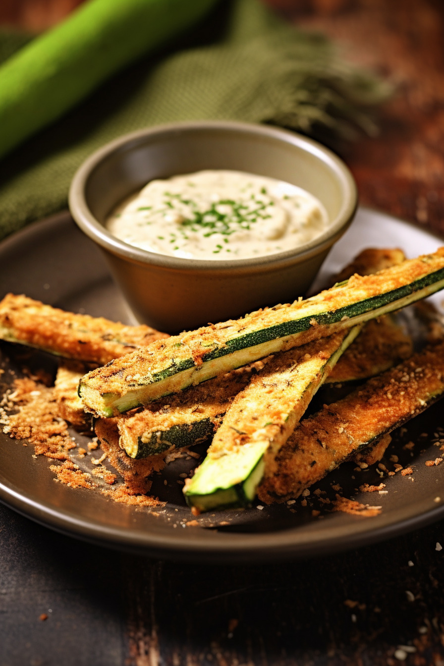 Gebackene Zucchini-Sticks auf einem Teller mit Dip.