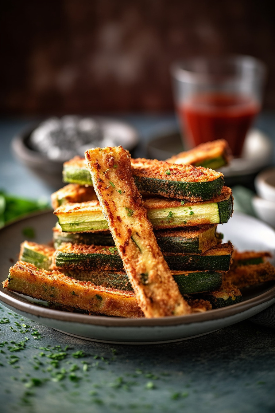 Gebackene Zucchini-Sticks auf einem Holzbrett angerichtet.