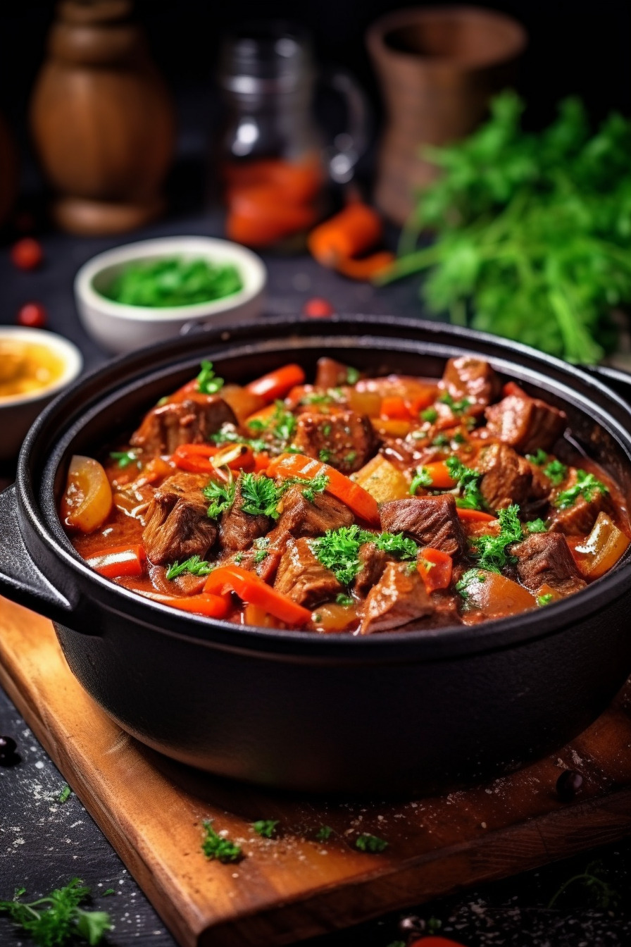 Rindergulasch mit Karotten, Zwiebeln und Paprika in einer aromatischen Sauce.