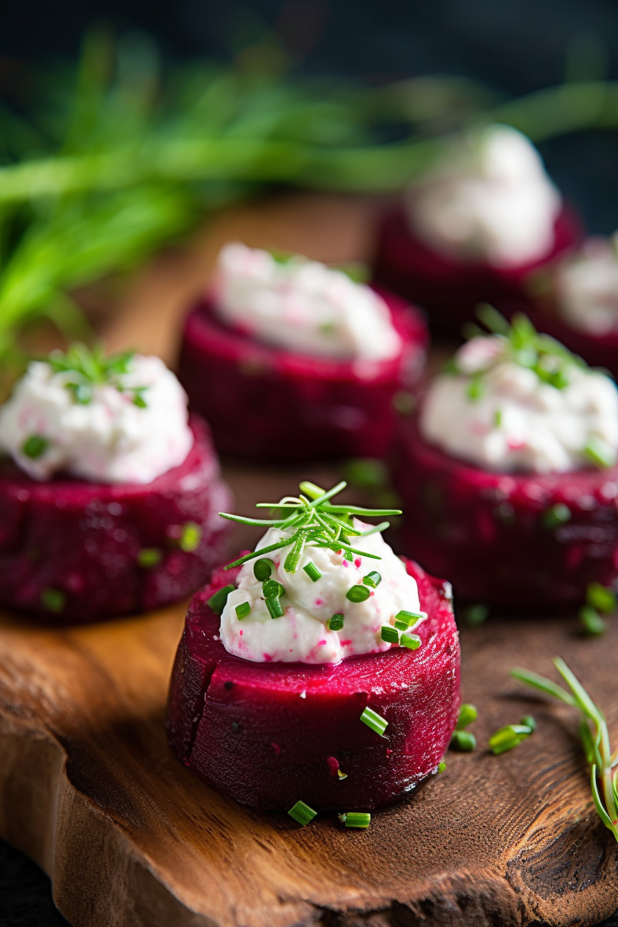 Rote-Bete-Häppchen mit Ziegenkäsecreme.