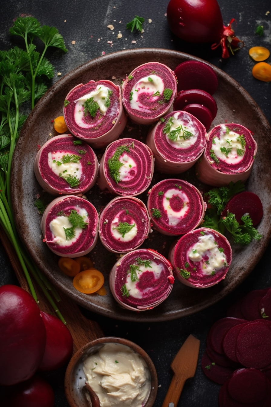 Rote-Bete-Röllchen mit Frischkäse und Gemüse