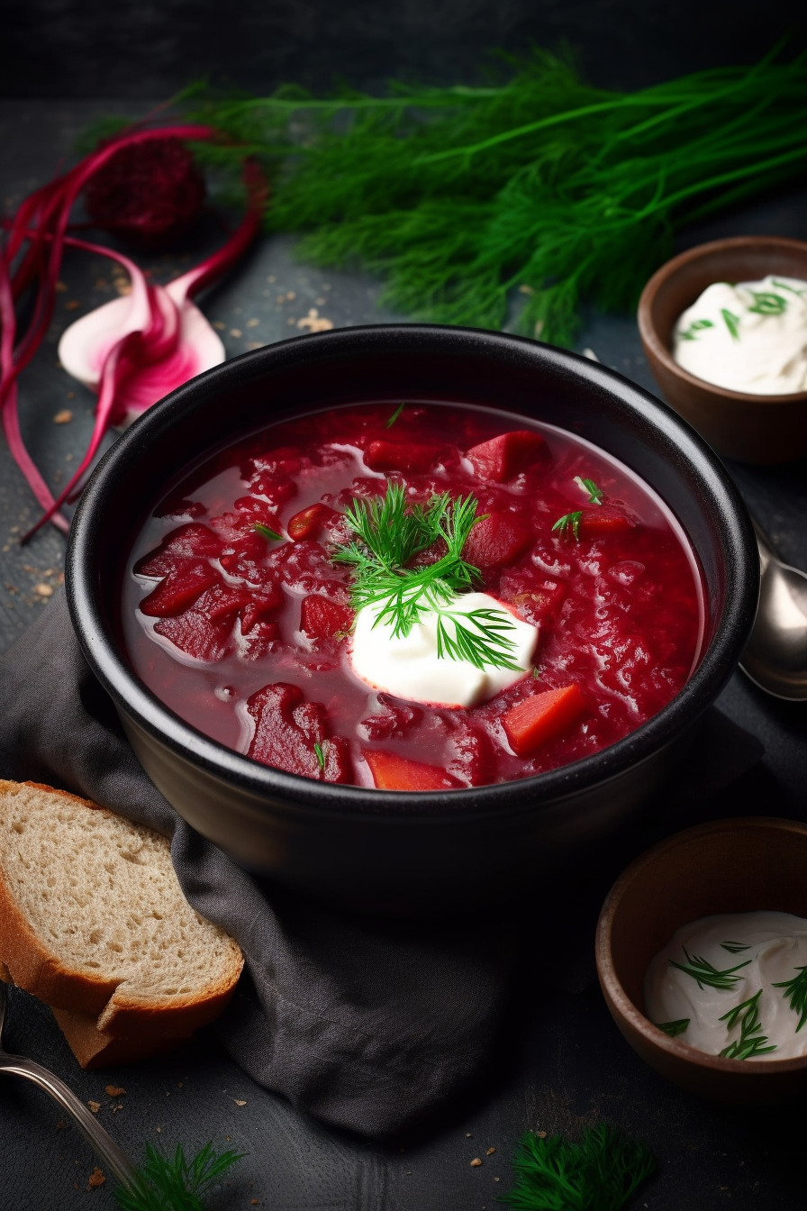 Borschtsch - Traditionelle russische Suppe mit Rindfleisch und Rote Bete.